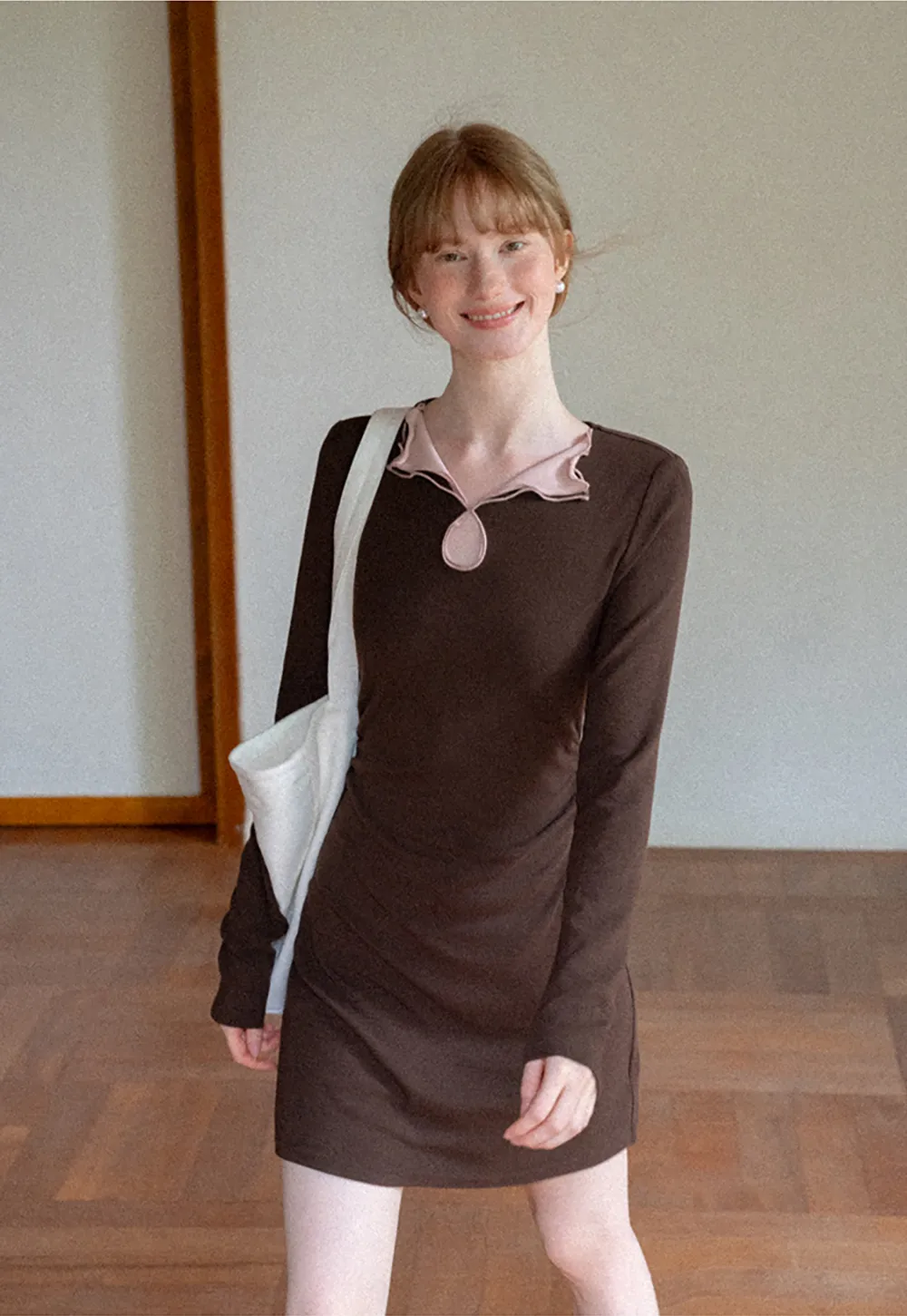 Ruffled Collar Long Sleeve Knit Dress
