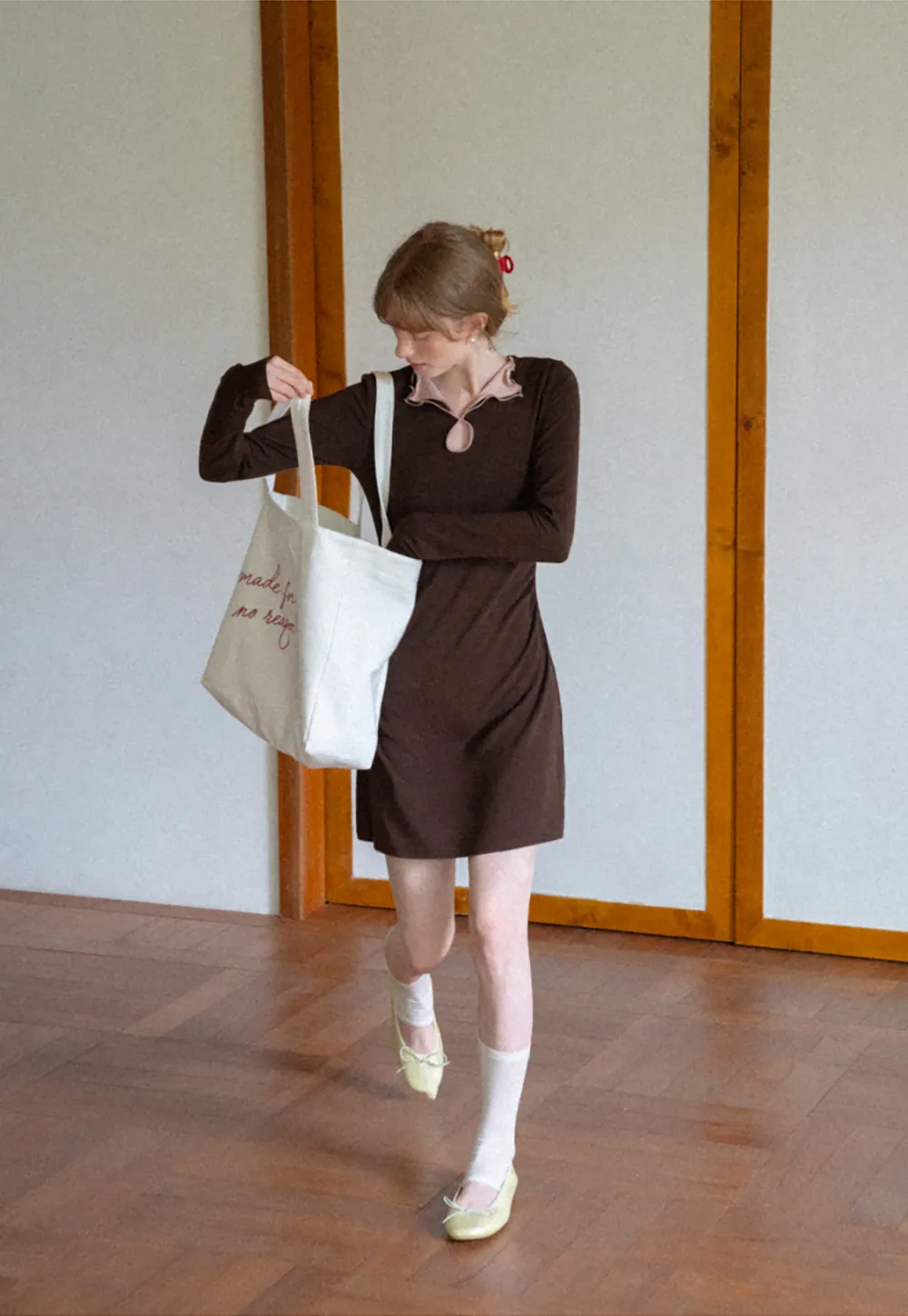 Ruffled Collar Long Sleeve Knit Dress