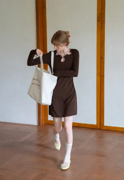Ruffled Collar Long Sleeve Knit Dress