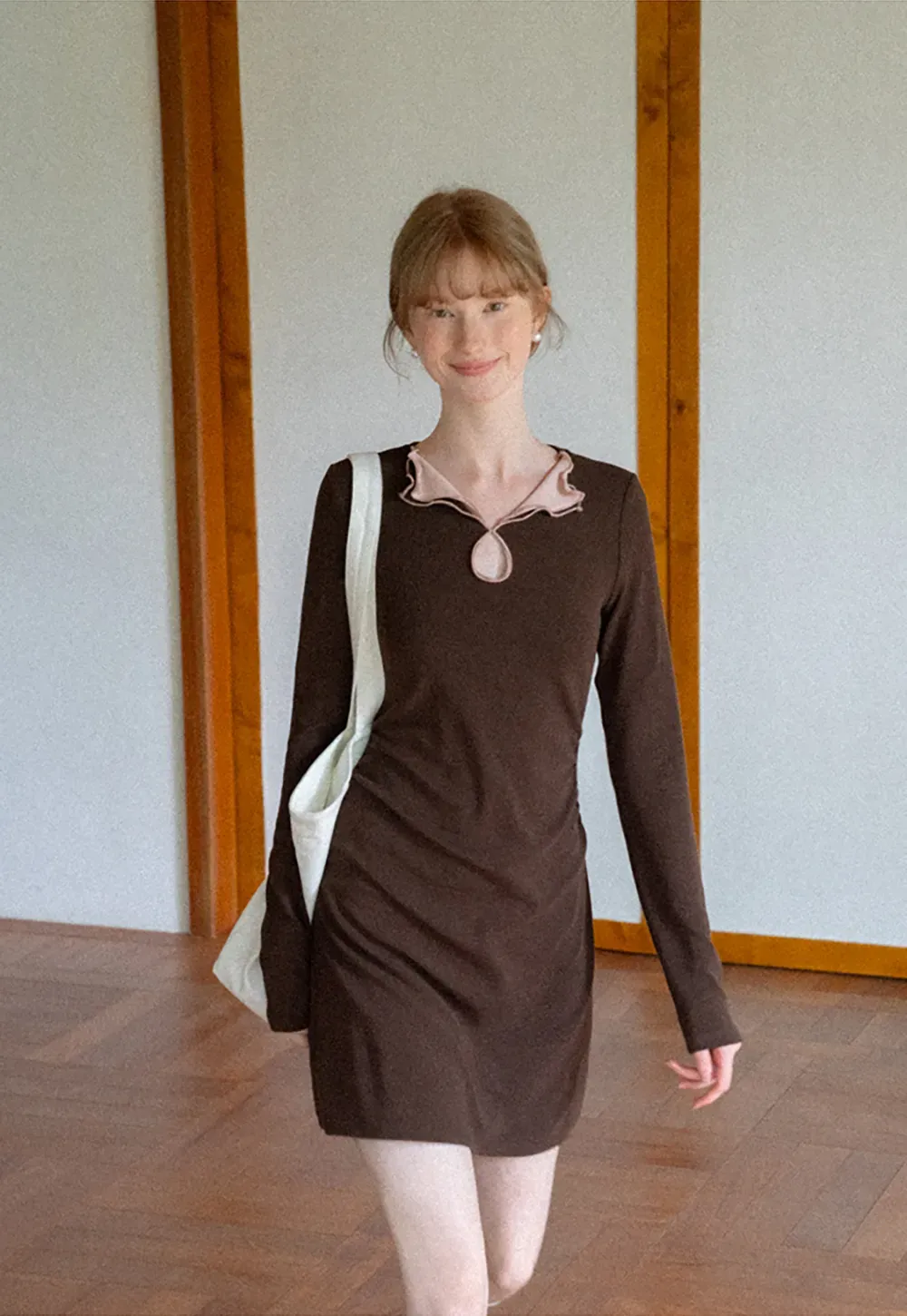 Ruffled Collar Long Sleeve Knit Dress