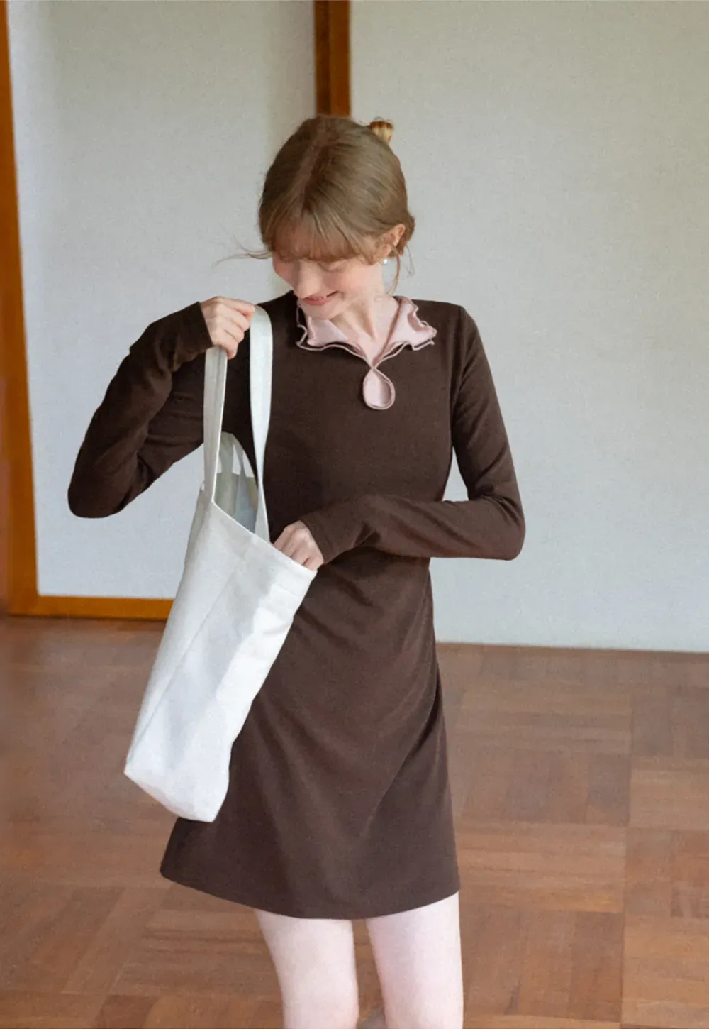Ruffled Collar Long Sleeve Knit Dress