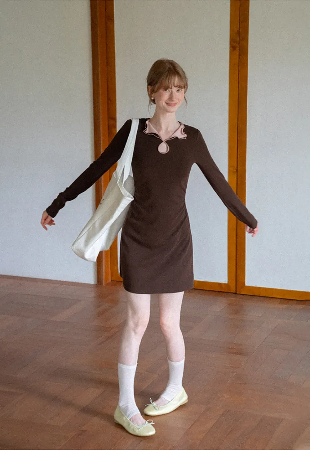Ruffled Collar Long Sleeve Knit Dress