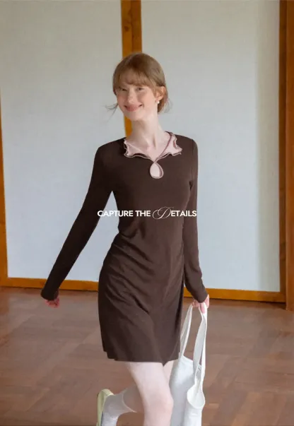 Ruffled Collar Long Sleeve Knit Dress