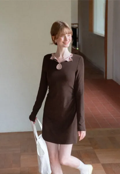 Ruffled Collar Long Sleeve Knit Dress