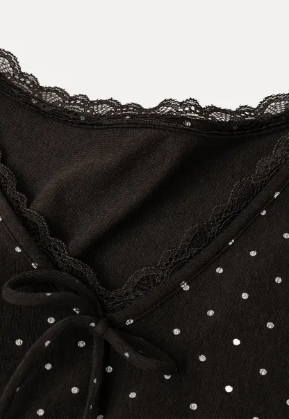 Polka Dot Lace Trim V Neck Flared Sleeve Dress