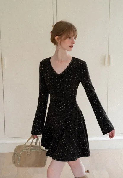Polka Dot Lace Trim V Neck Flared Sleeve Dress
