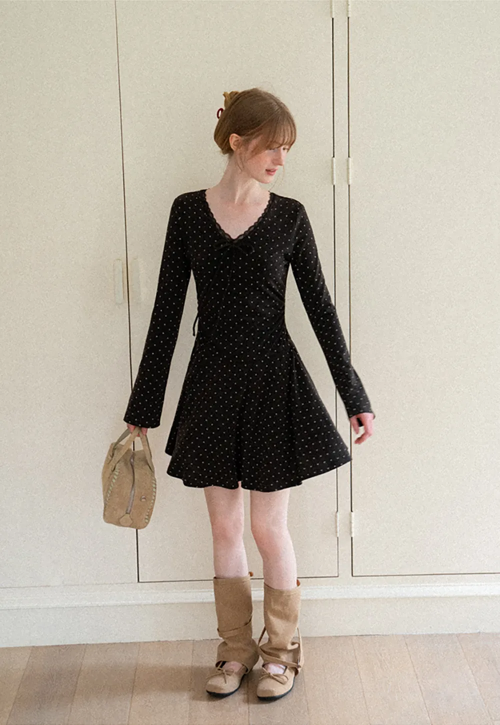 Polka Dot Lace Trim V Neck Flared Sleeve Dress
