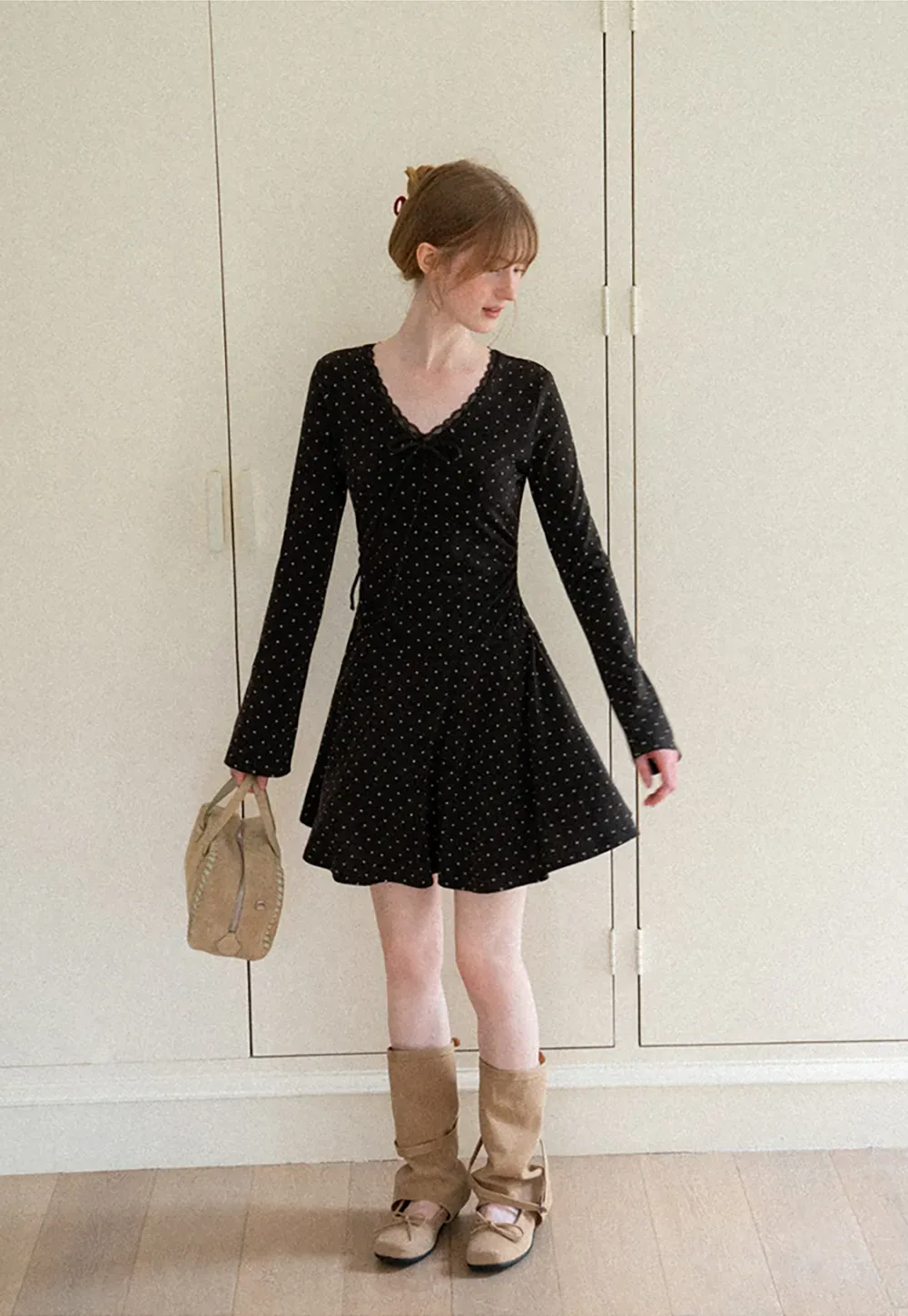 Polka Dot Lace Trim V Neck Flared Sleeve Dress