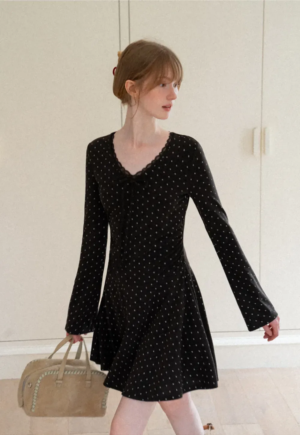 Polka Dot Lace Trim V Neck Flared Sleeve Dress