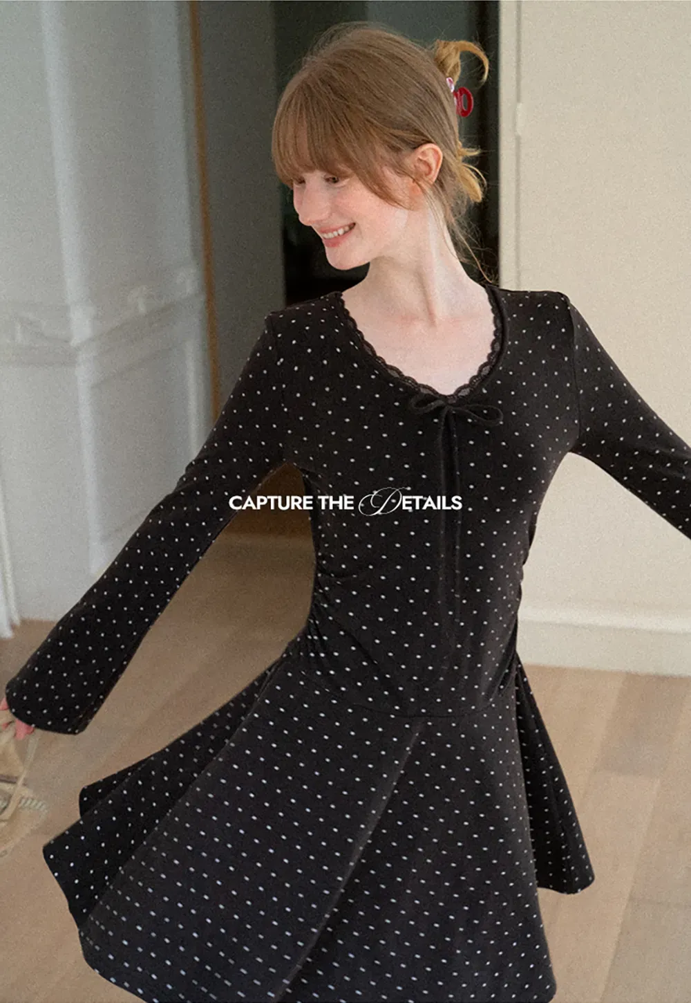 Polka Dot Lace Trim V Neck Flared Sleeve Dress