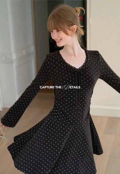 Polka Dot Lace Trim V Neck Flared Sleeve Dress