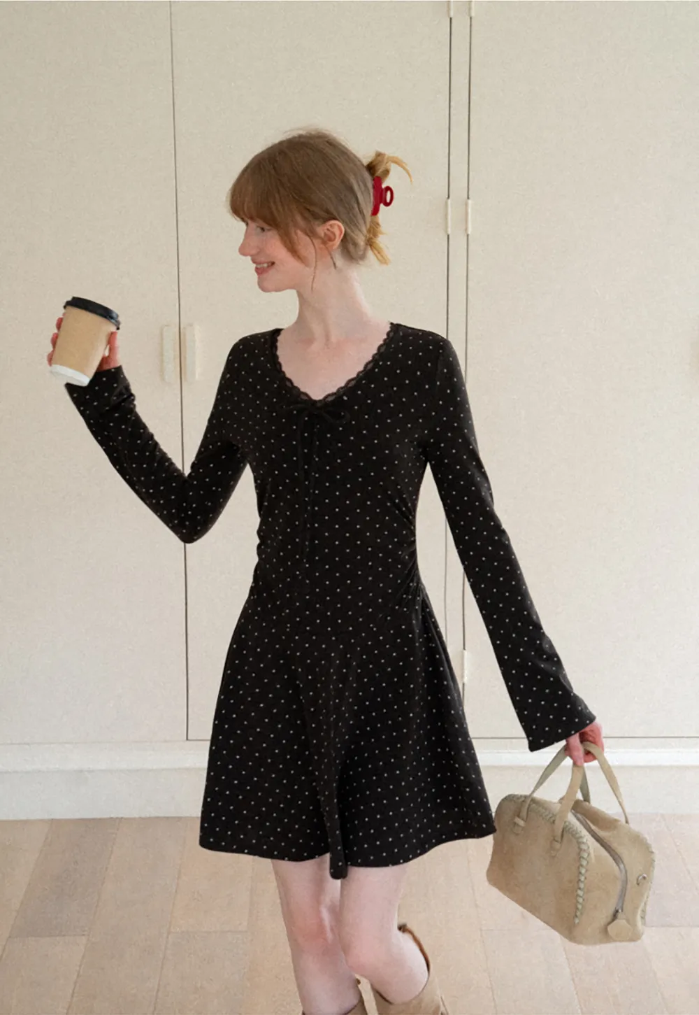 Polka Dot Lace Trim V Neck Flared Sleeve Dress