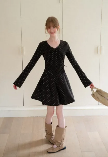 Polka Dot Lace Trim V Neck Flared Sleeve Dress