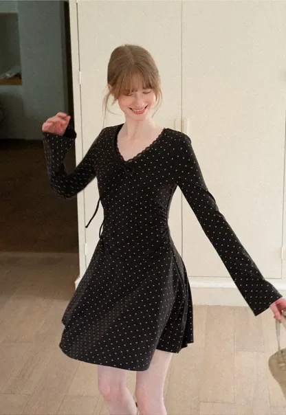 Polka Dot Lace Trim V Neck Flared Sleeve Dress