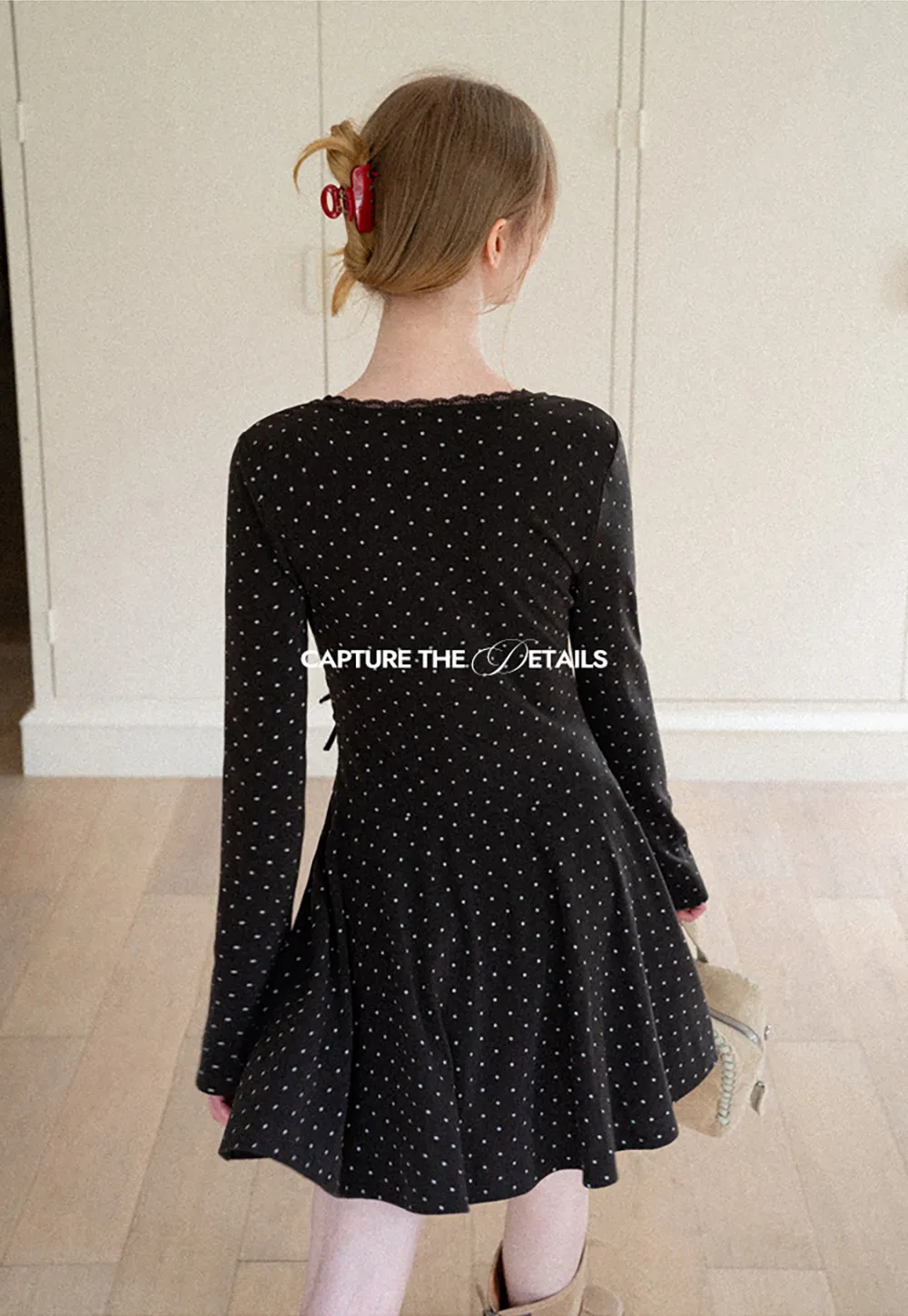 Polka Dot Lace Trim V Neck Flared Sleeve Dress