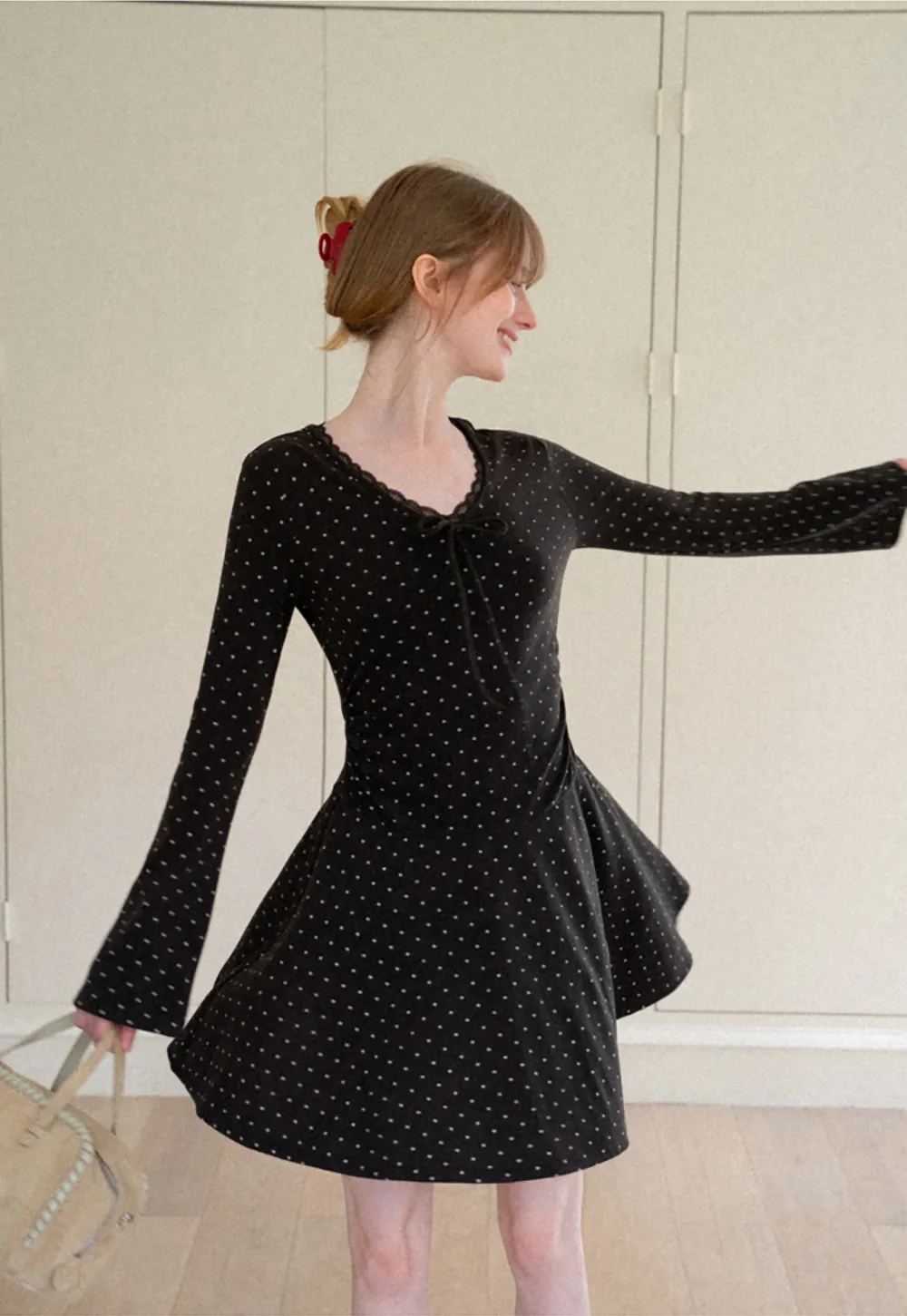 Polka Dot Lace Trim V Neck Flared Sleeve Dress