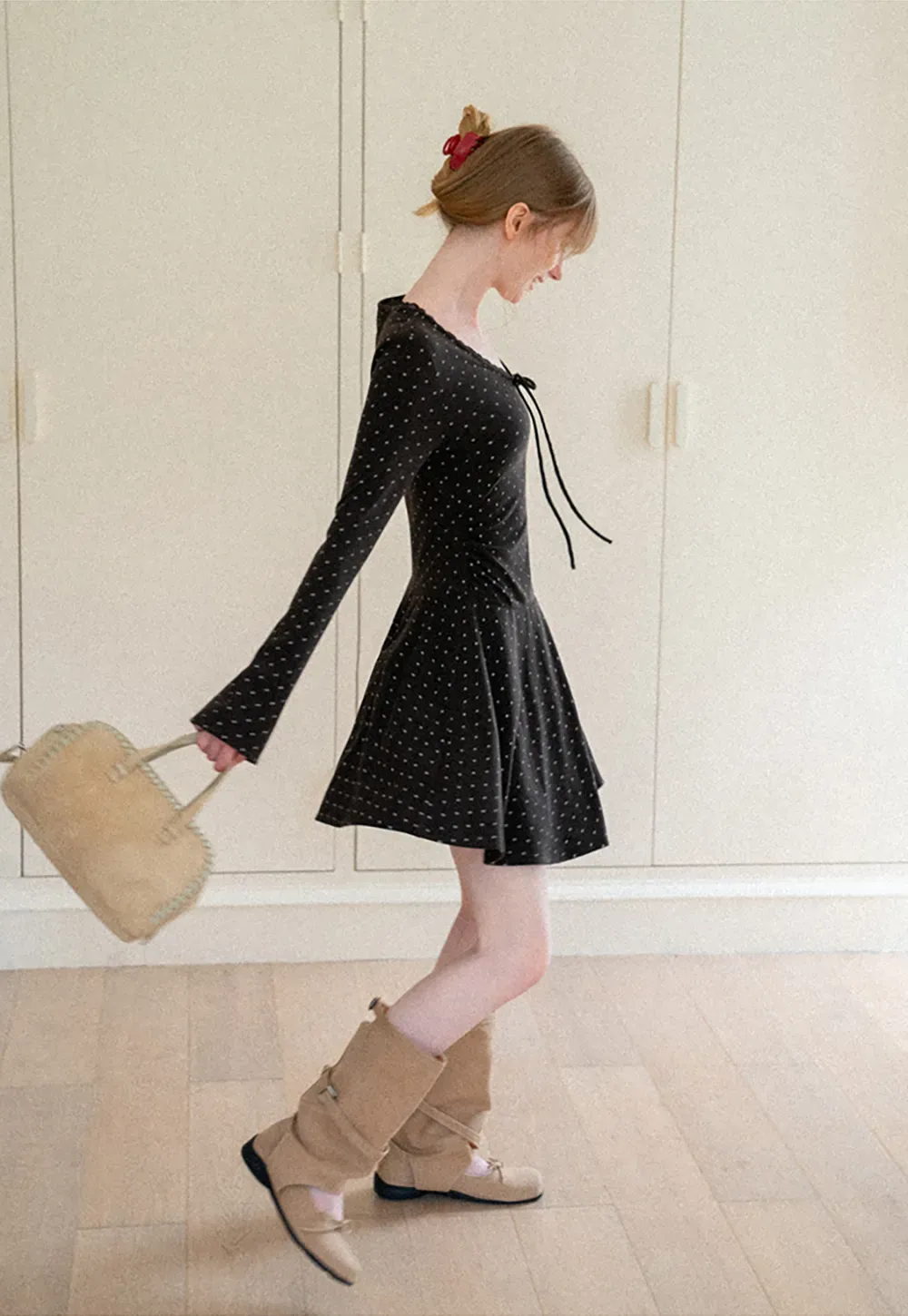 Polka Dot Lace Trim V Neck Flared Sleeve Dress