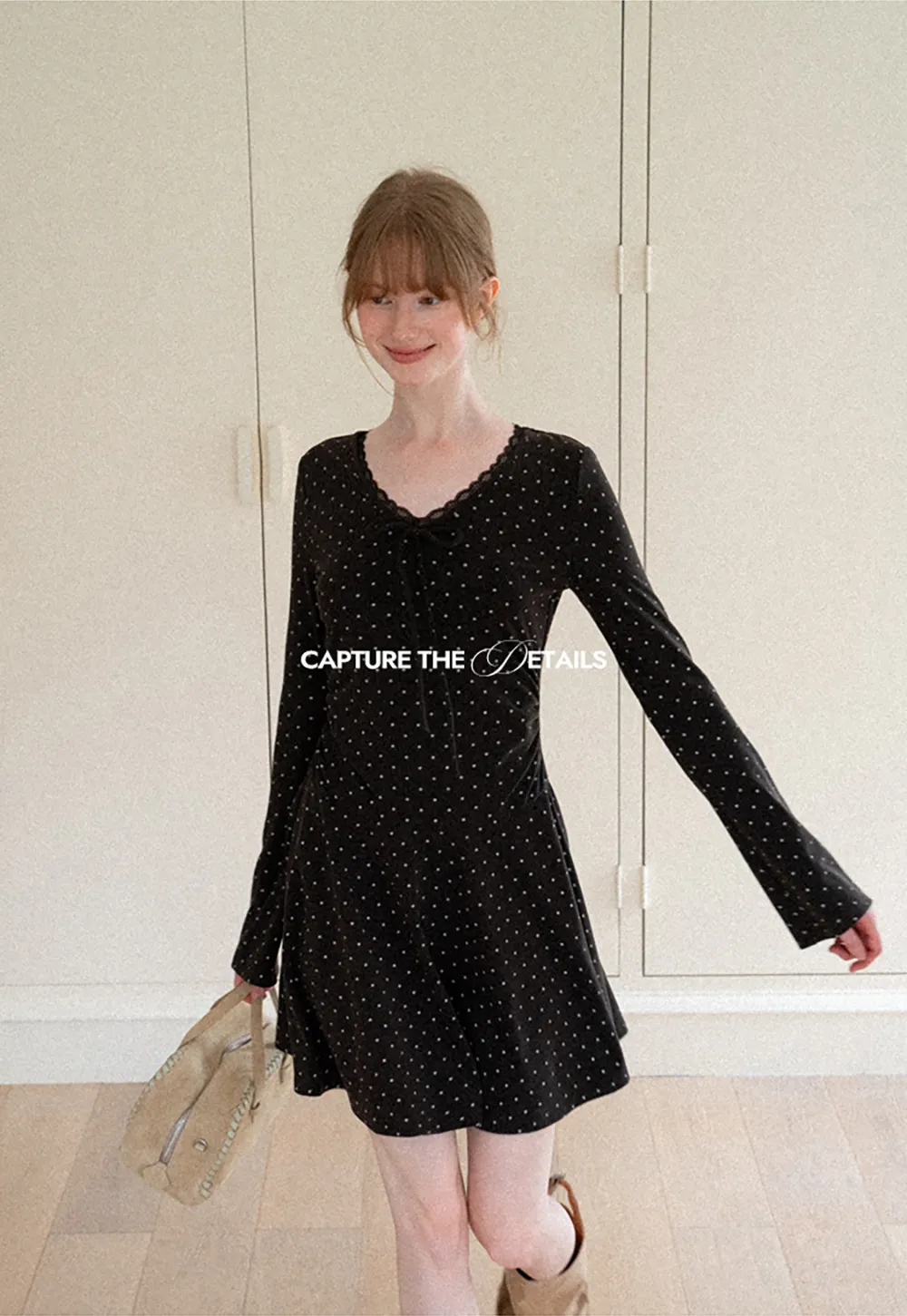 Polka Dot Lace Trim V Neck Flared Sleeve Dress