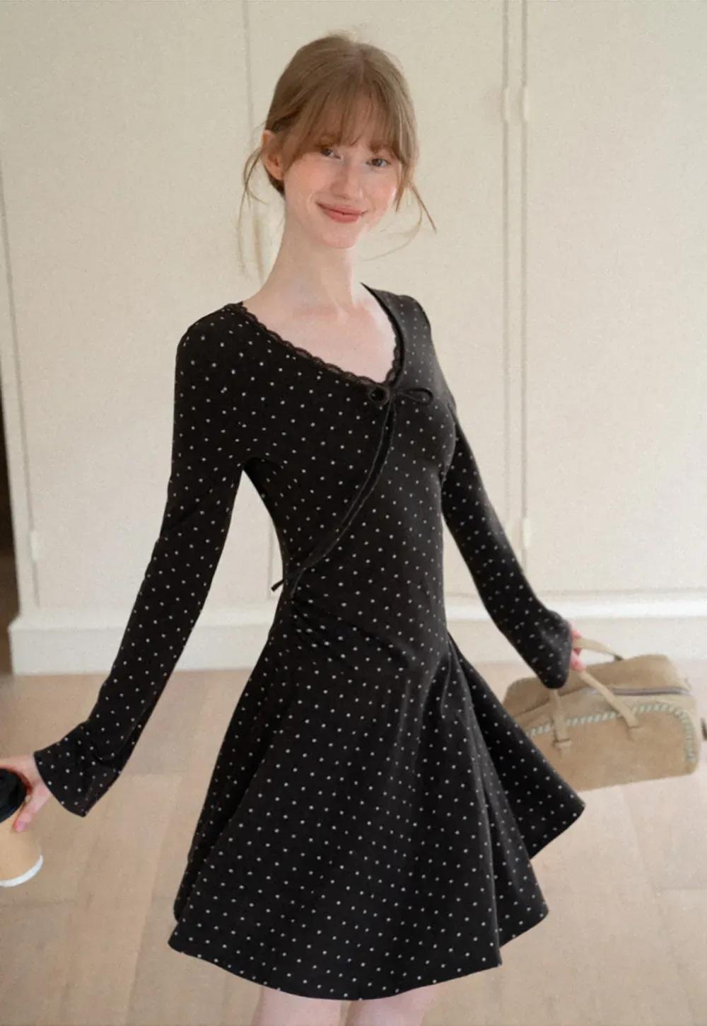 Polka Dot Lace Trim V Neck Flared Sleeve Dress