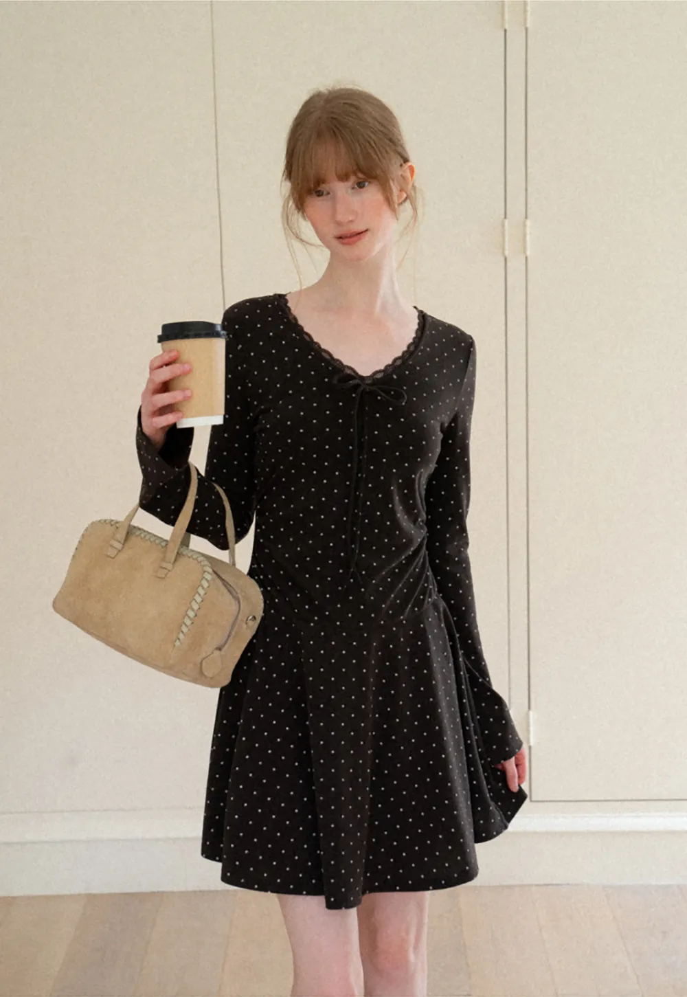 Polka Dot Lace Trim V Neck Flared Sleeve Dress