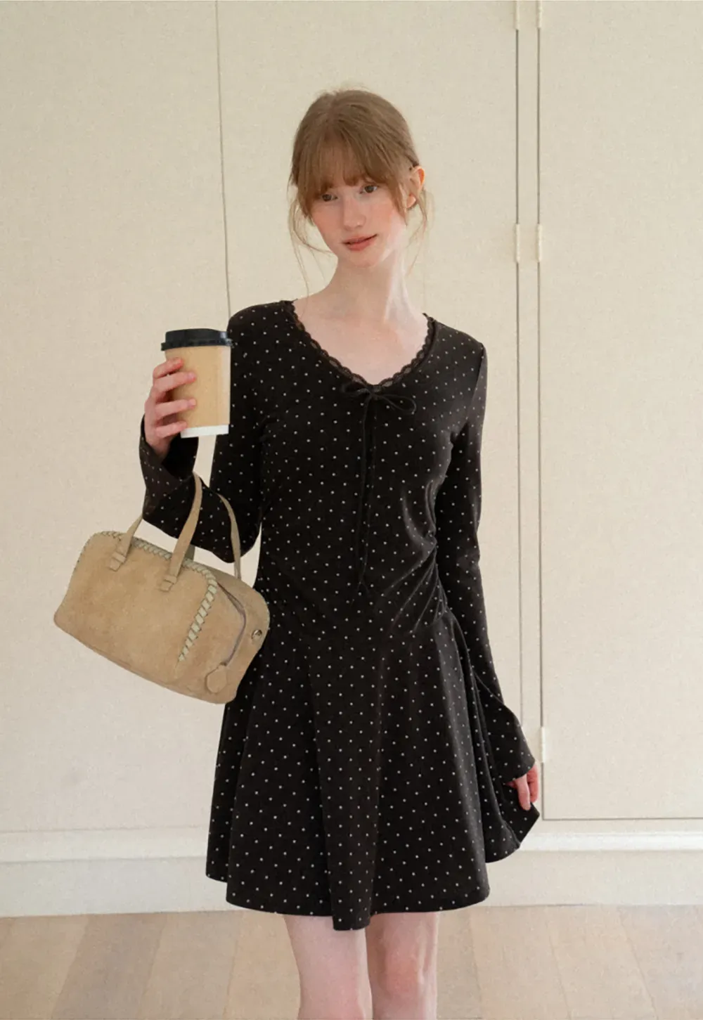 Polka Dot Lace Trim V Neck Flared Sleeve Dress