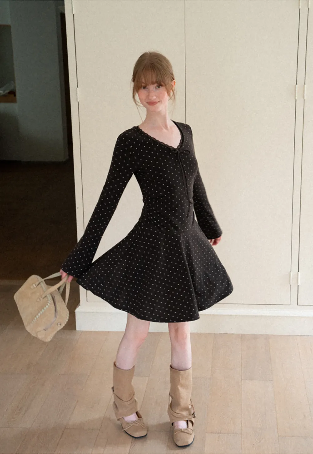 Polka Dot Lace Trim V Neck Flared Sleeve Dress