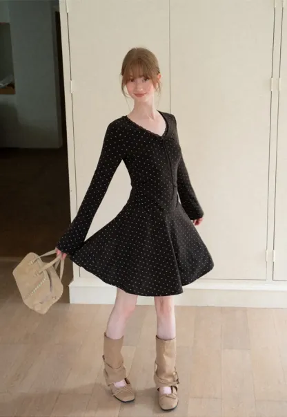 Polka Dot Lace Trim V Neck Flared Sleeve Dress