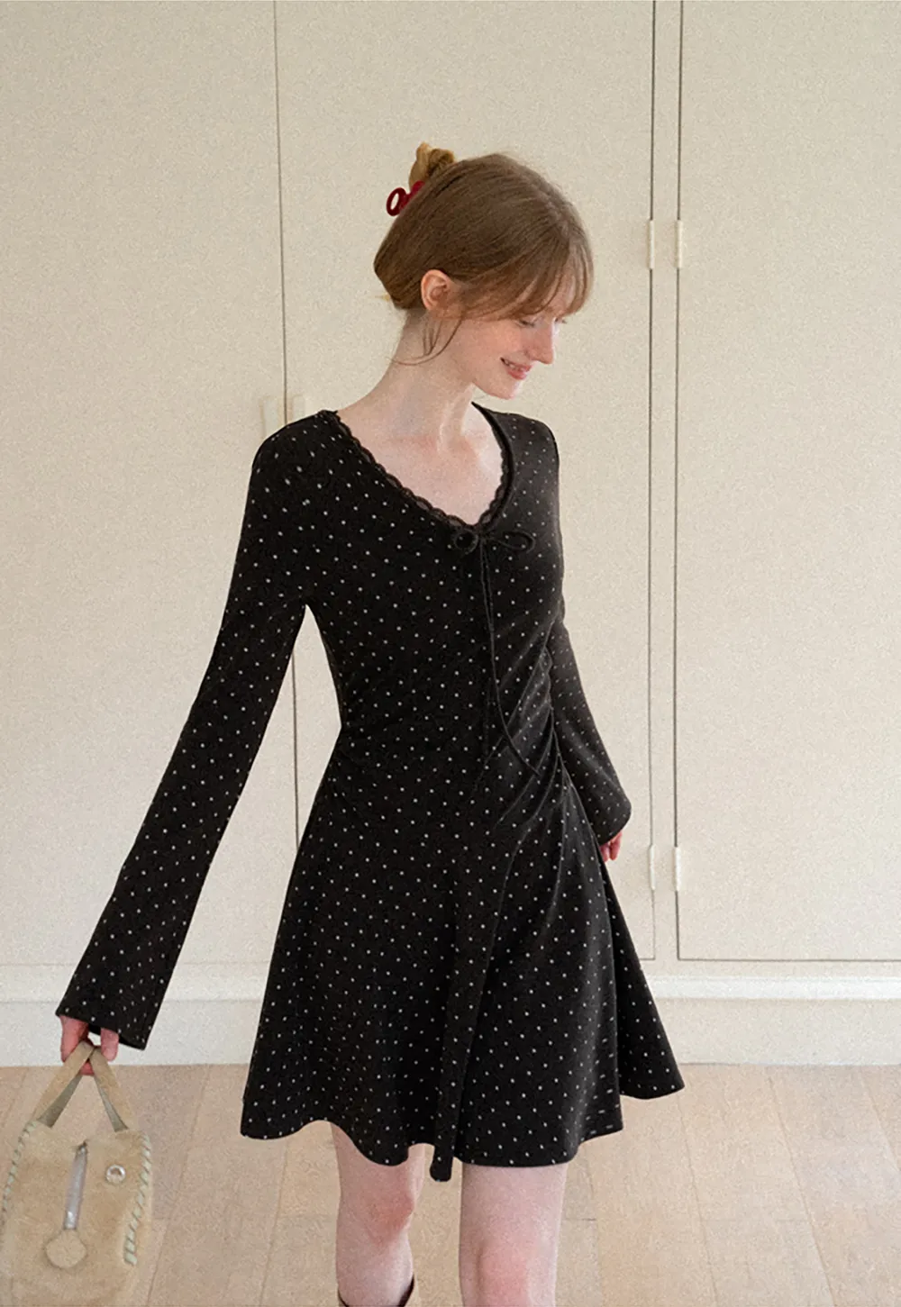 Polka Dot Lace Trim V Neck Flared Sleeve Dress