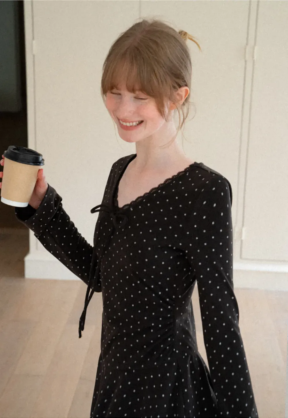 Polka Dot Lace Trim V Neck Flared Sleeve Dress
