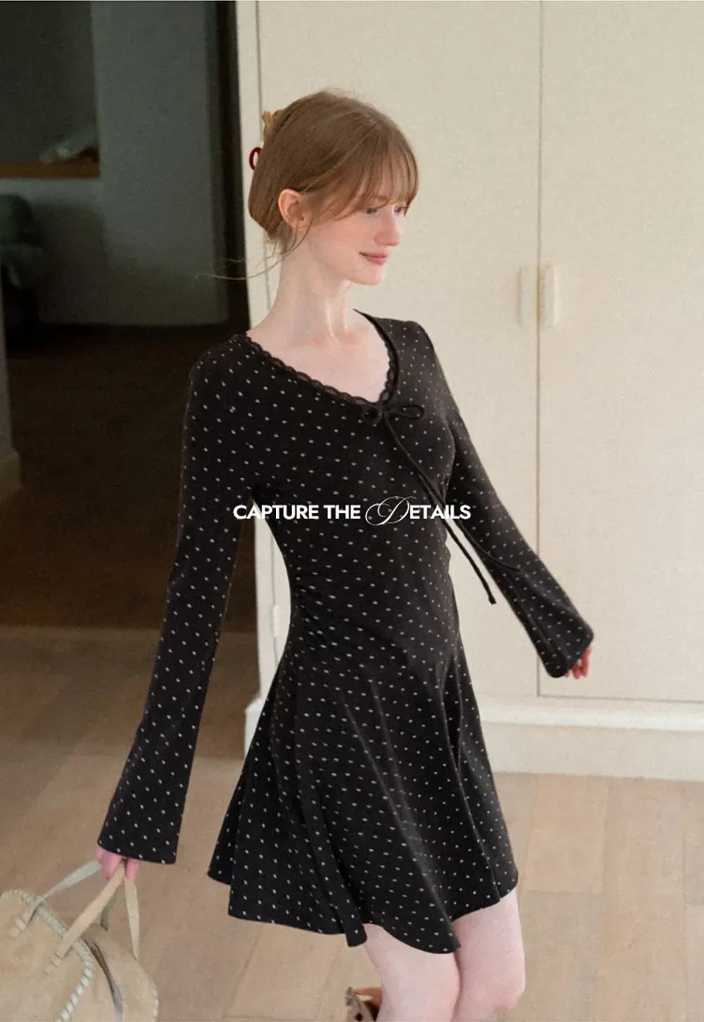 Polka Dot Lace Trim V Neck Flared Sleeve Dress