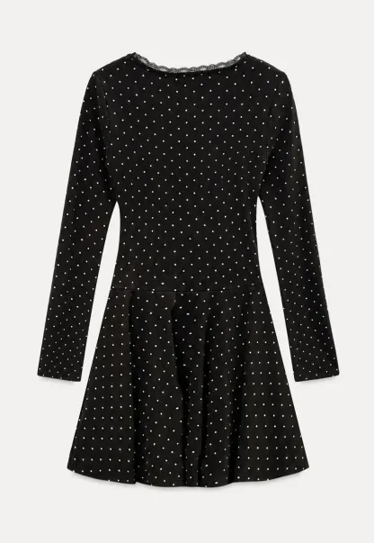 Polka Dot Lace Trim V Neck Flared Sleeve Dress