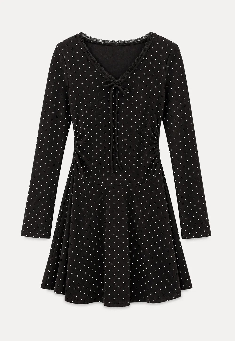 Polka Dot Lace Trim V Neck Flared Sleeve Dress