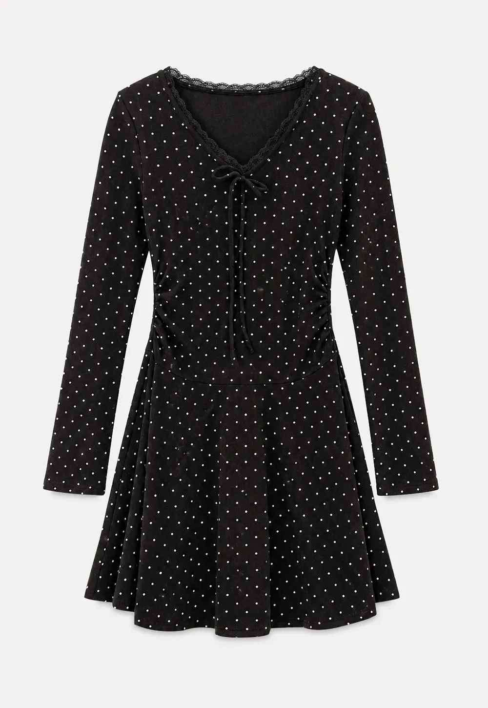 Polka Dot Lace Trim V Neck Flared Sleeve Dress