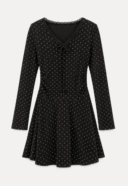 Polka Dot Lace Trim V Neck Flared Sleeve Dress