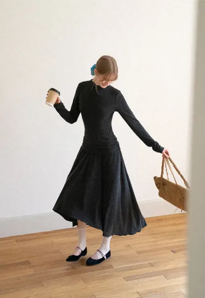 High Neck Long Sleeve Flowing Midi Dress