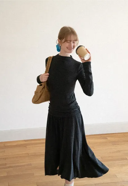 High Neck Long Sleeve Flowing Midi Dress