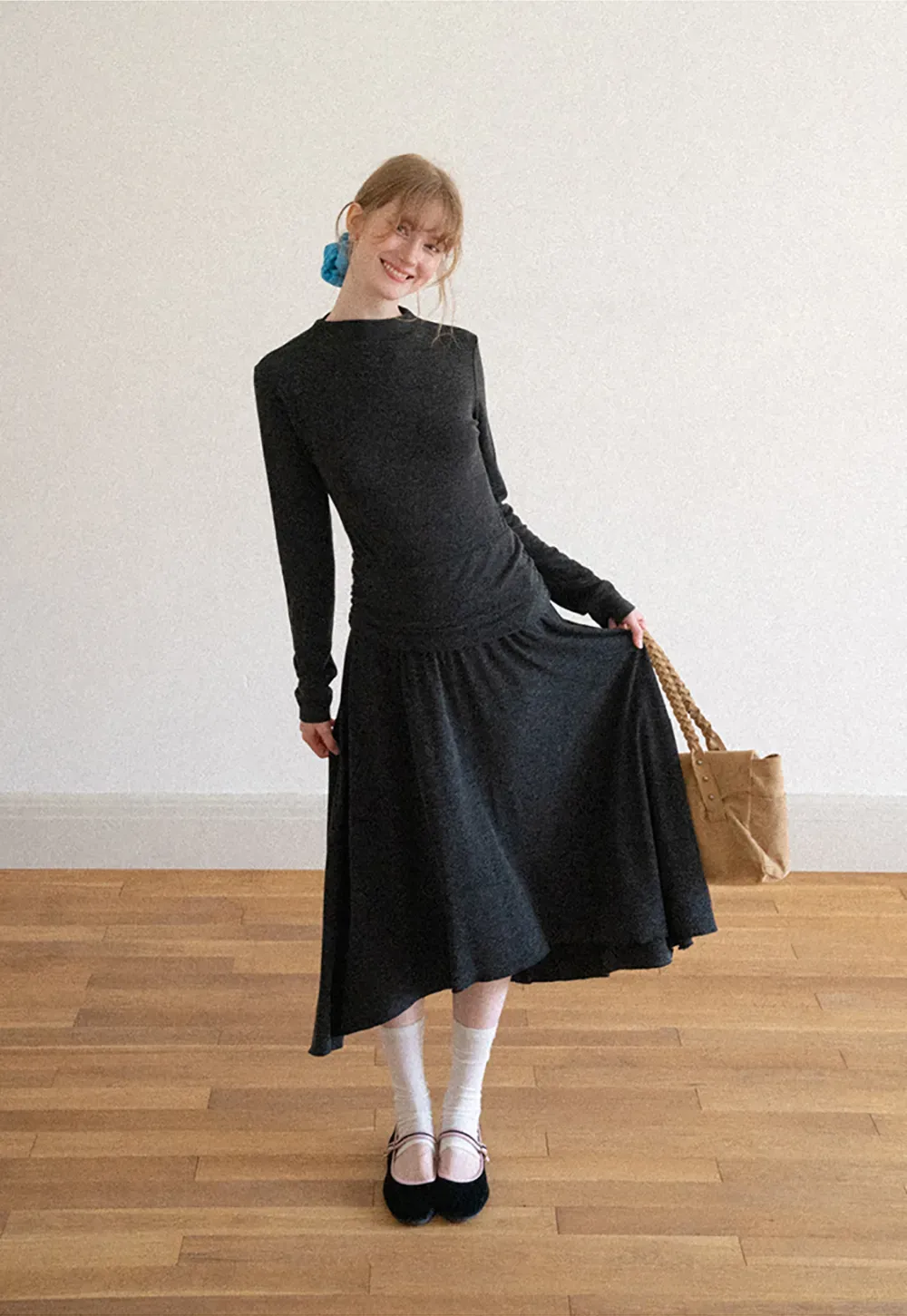 High Neck Long Sleeve Flowing Midi Dress