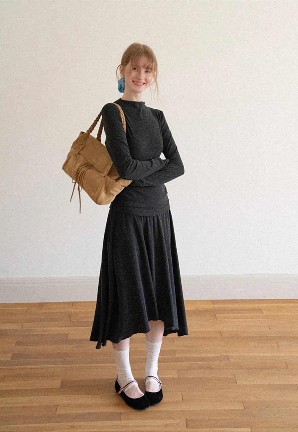High Neck Long Sleeve Flowing Midi Dress