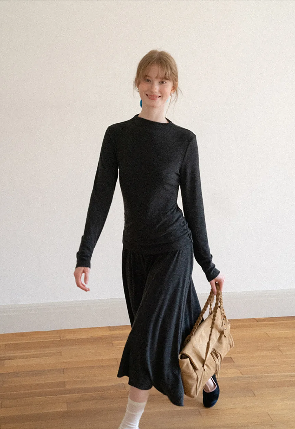 High Neck Long Sleeve Flowing Midi Dress