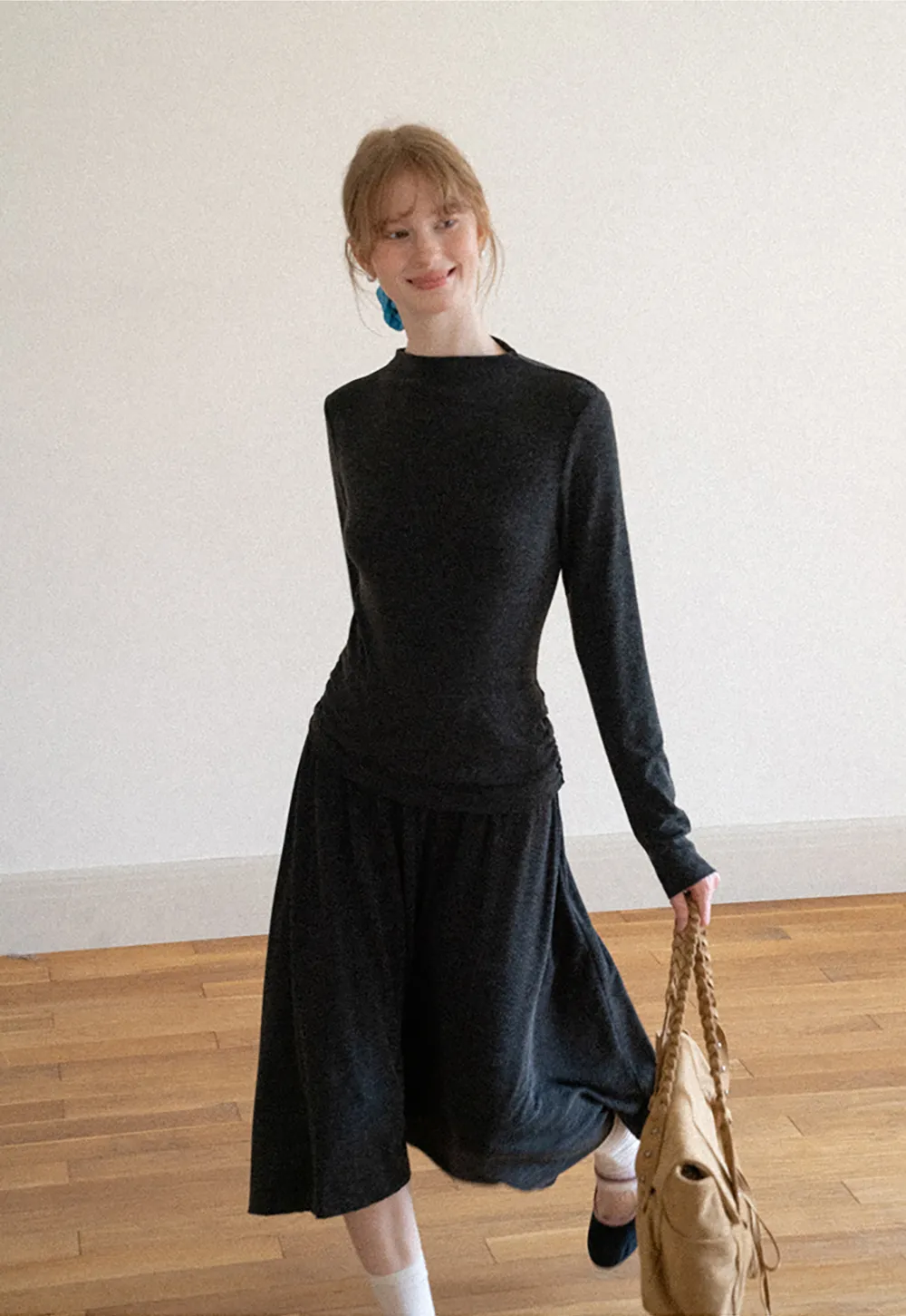High Neck Long Sleeve Flowing Midi Dress