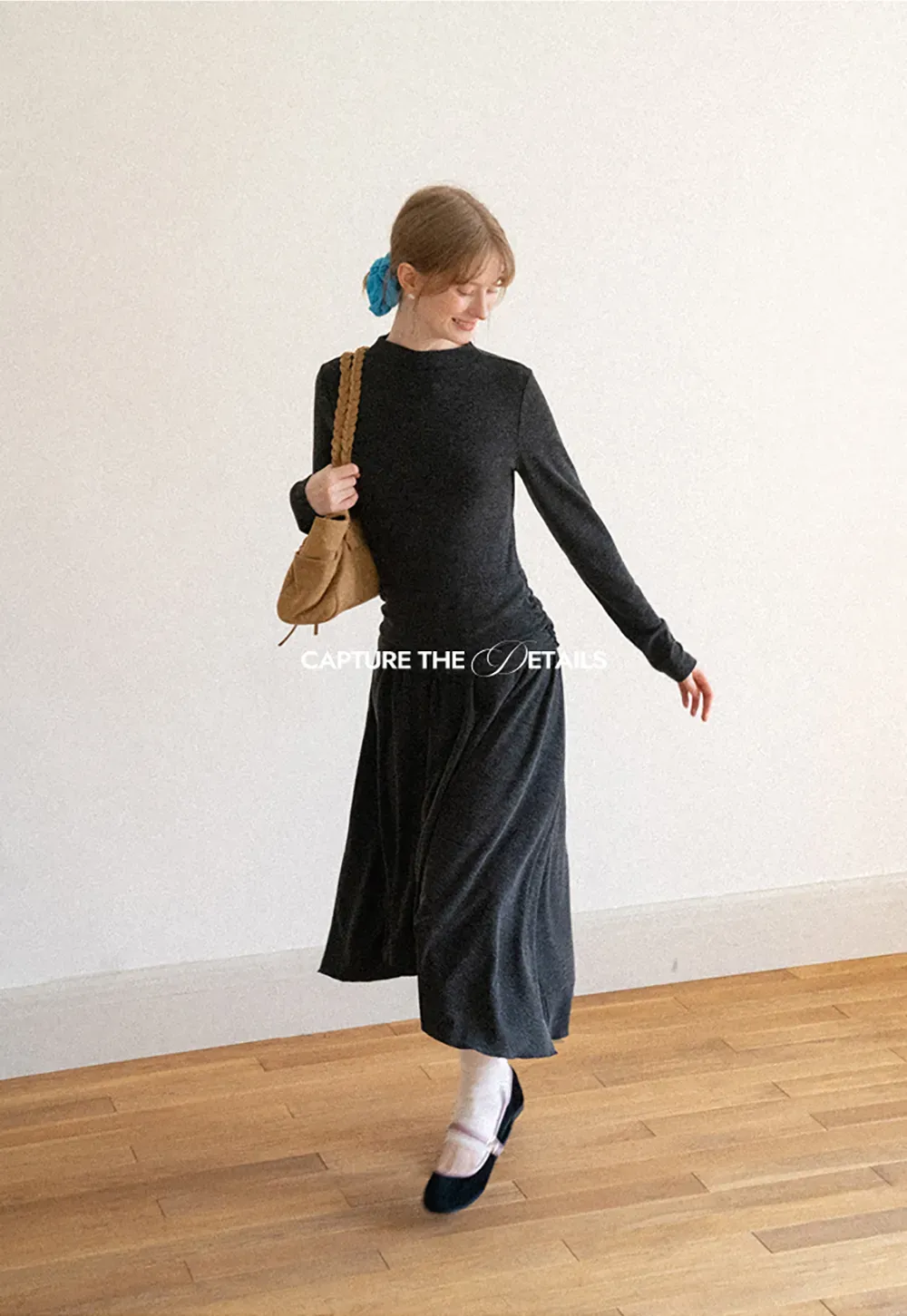 High Neck Long Sleeve Flowing Midi Dress