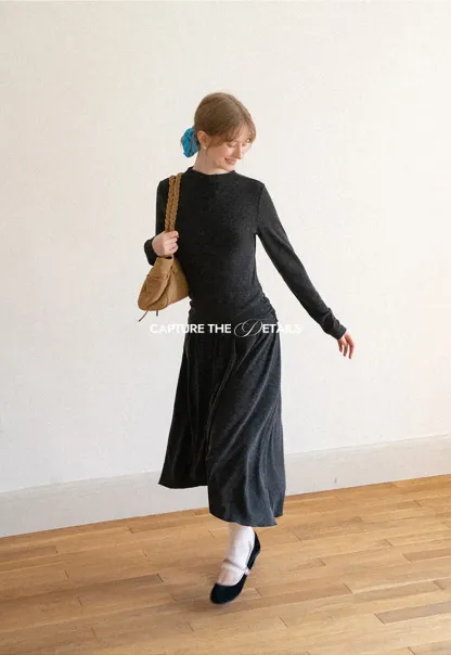 High Neck Long Sleeve Flowing Midi Dress
