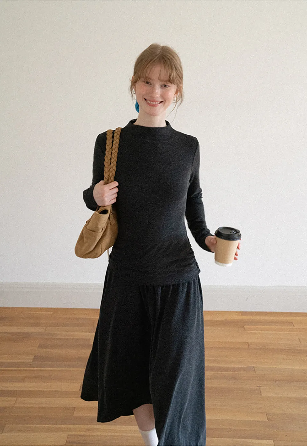 High Neck Long Sleeve Flowing Midi Dress