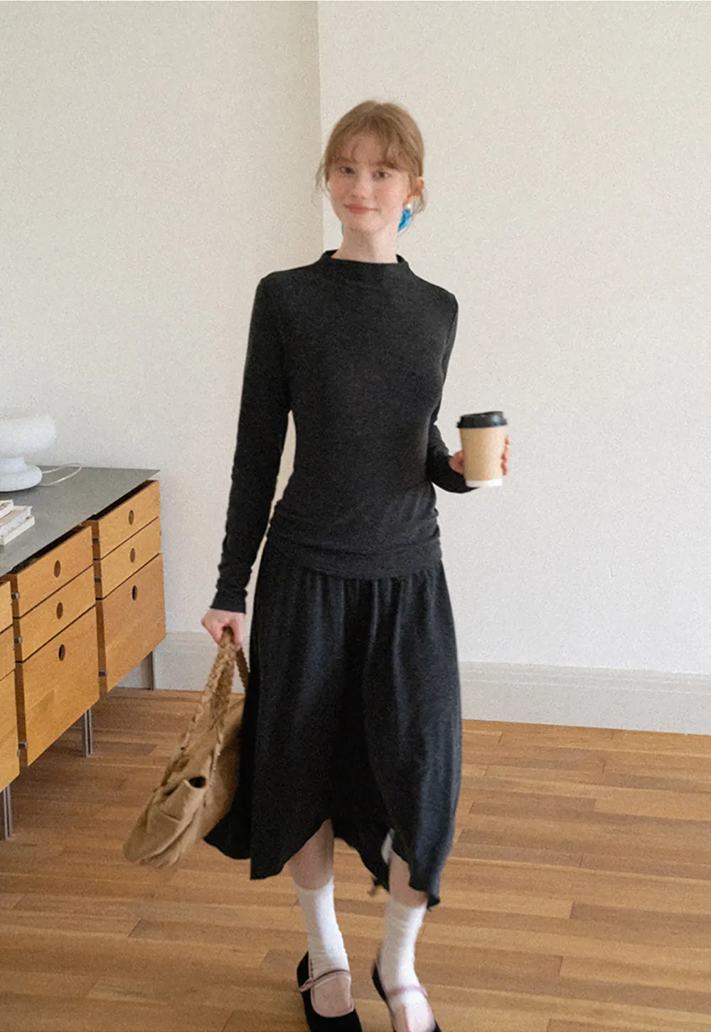 High Neck Long Sleeve Flowing Midi Dress