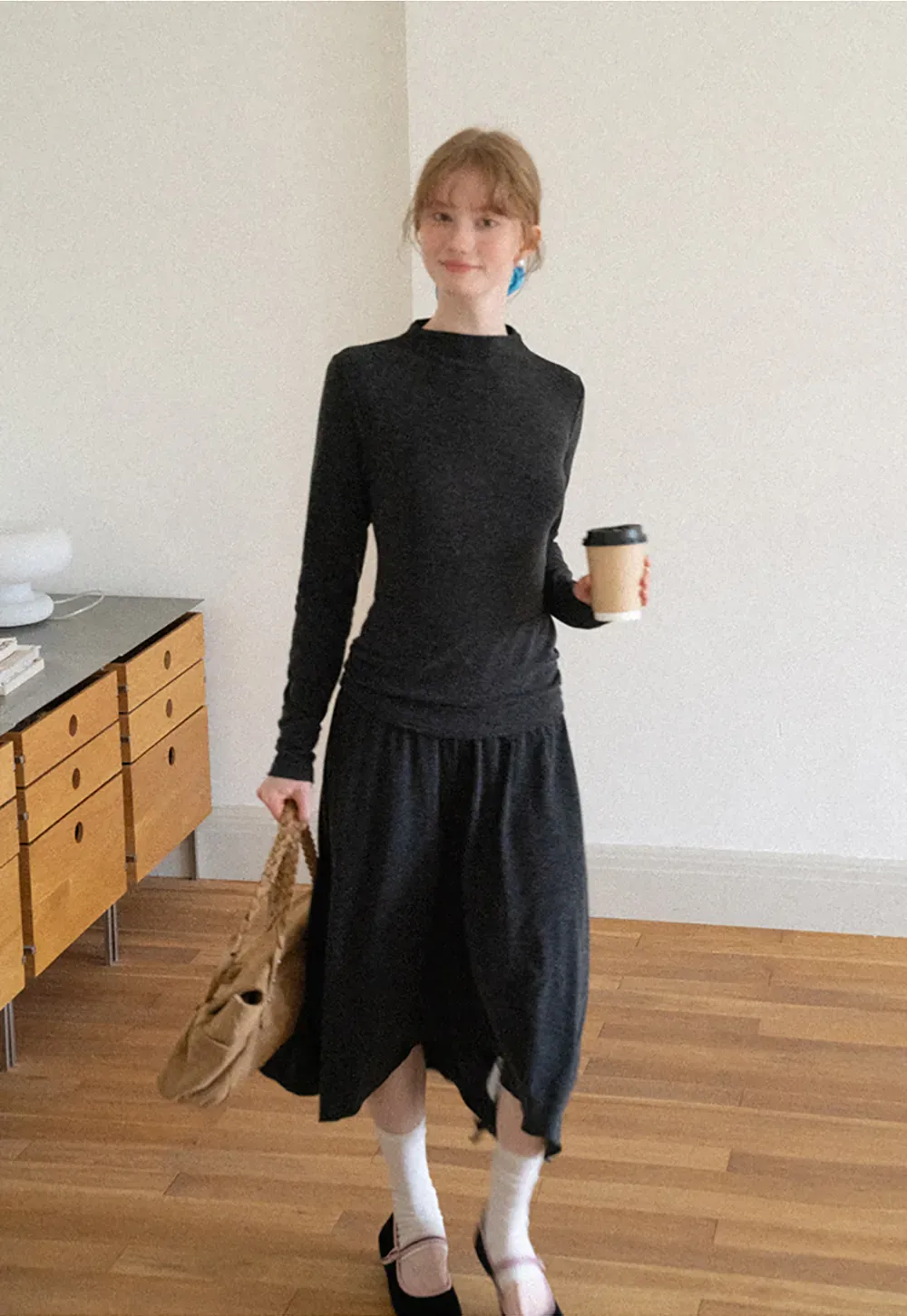 High Neck Long Sleeve Flowing Midi Dress