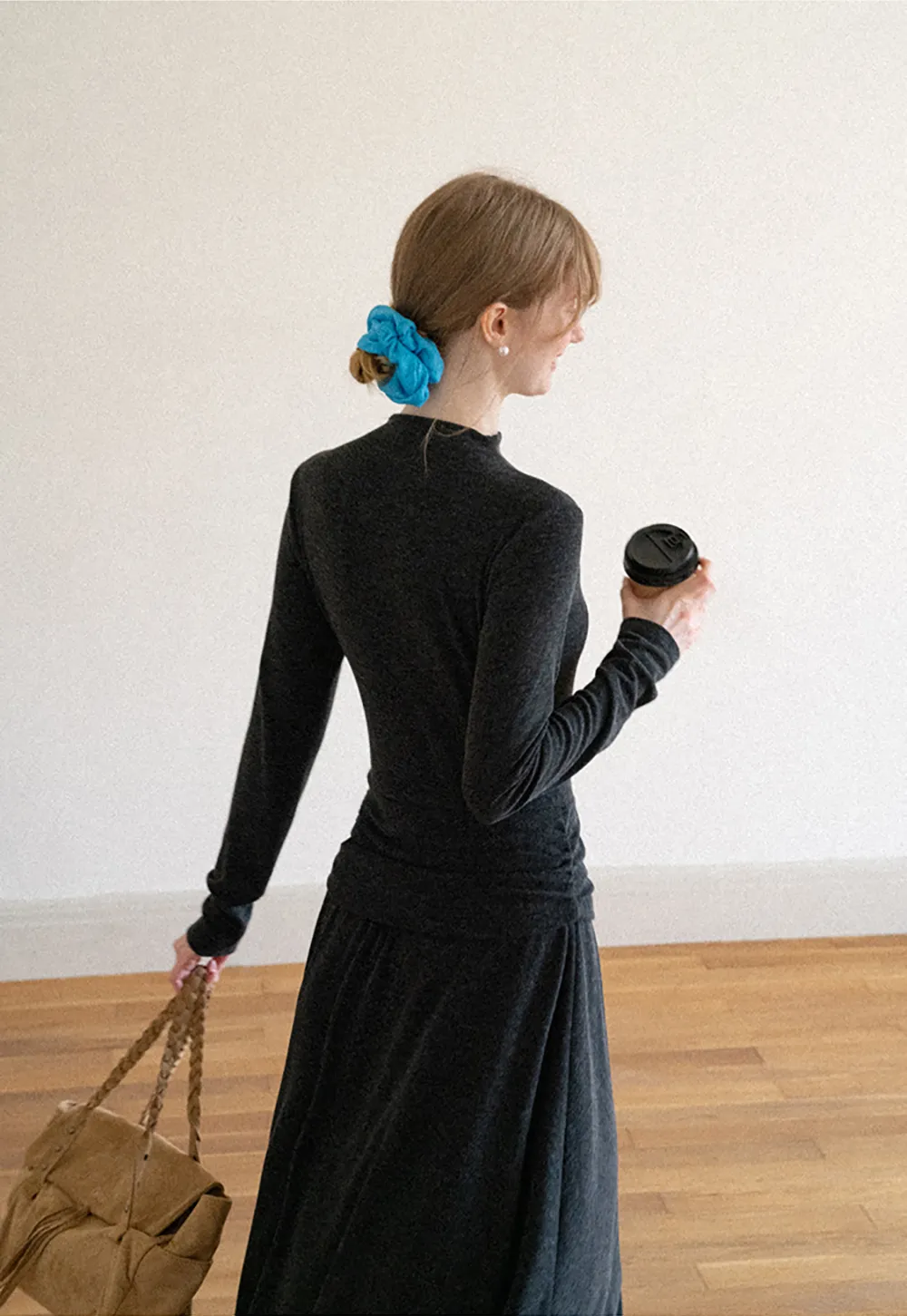High Neck Long Sleeve Flowing Midi Dress