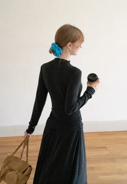 High Neck Long Sleeve Flowing Midi Dress