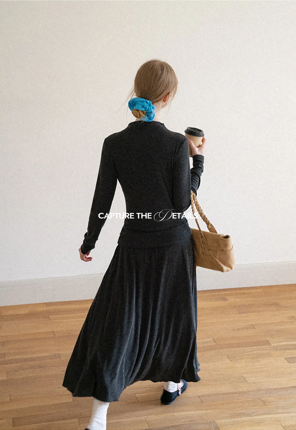 High Neck Long Sleeve Flowing Midi Dress