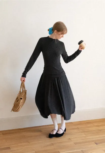 High Neck Long Sleeve Flowing Midi Dress