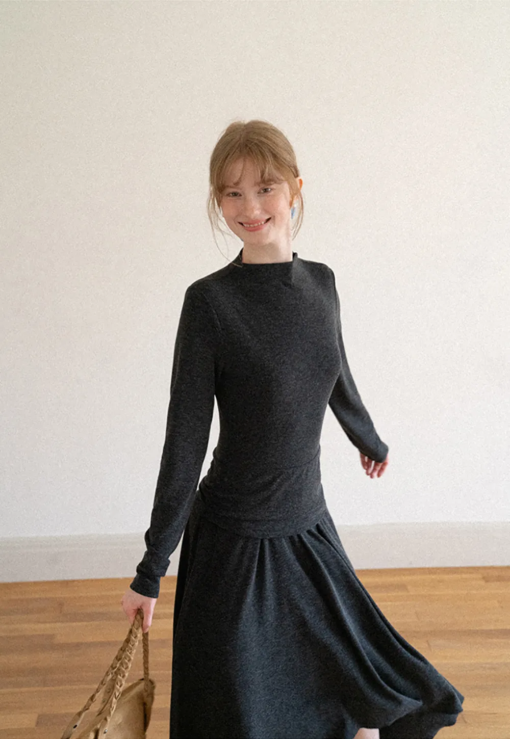 High Neck Long Sleeve Flowing Midi Dress